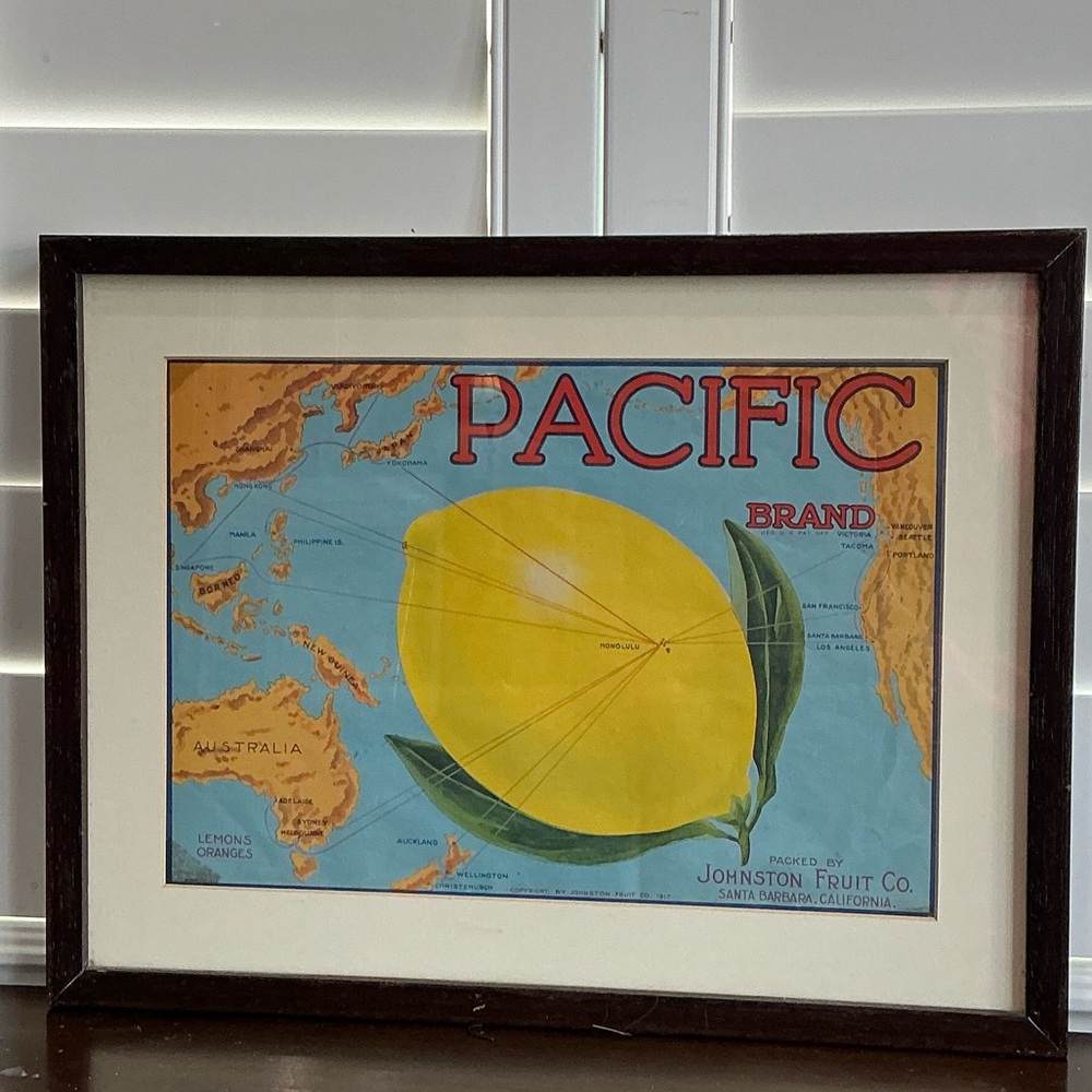 Pacific Brand Framed Vintage Fruit Crate Label Early 1900s, Original